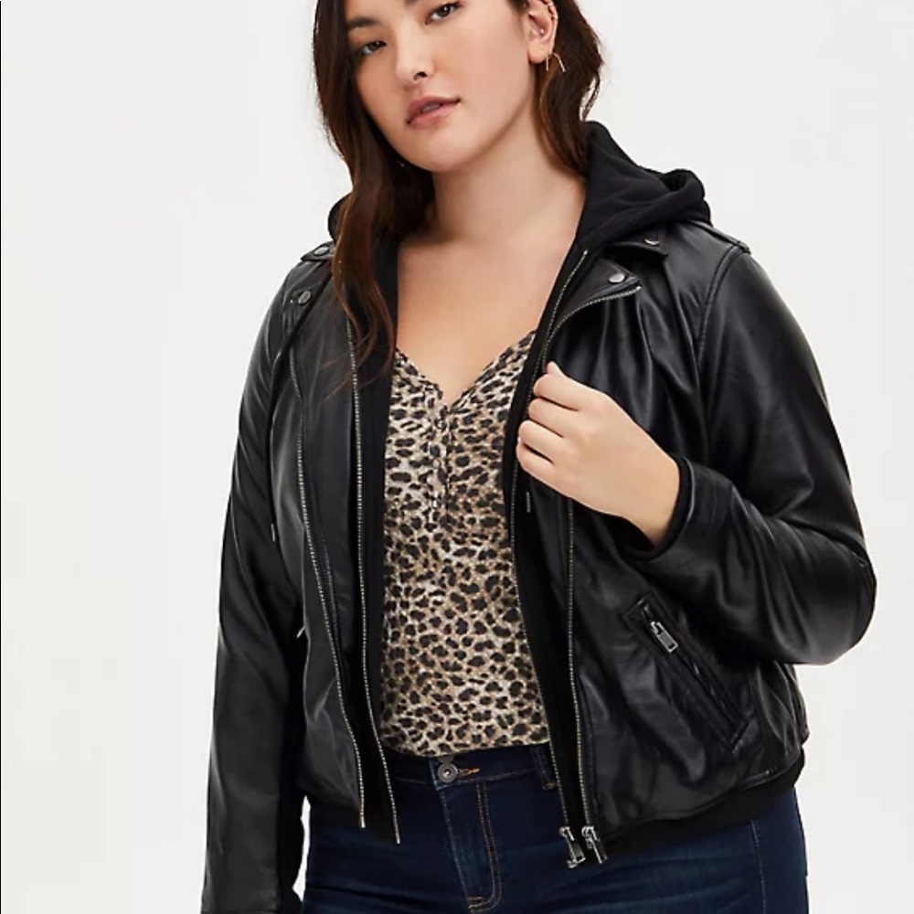 TORRID BLACK MIXED MEDIA HOODED MOTO JACKET